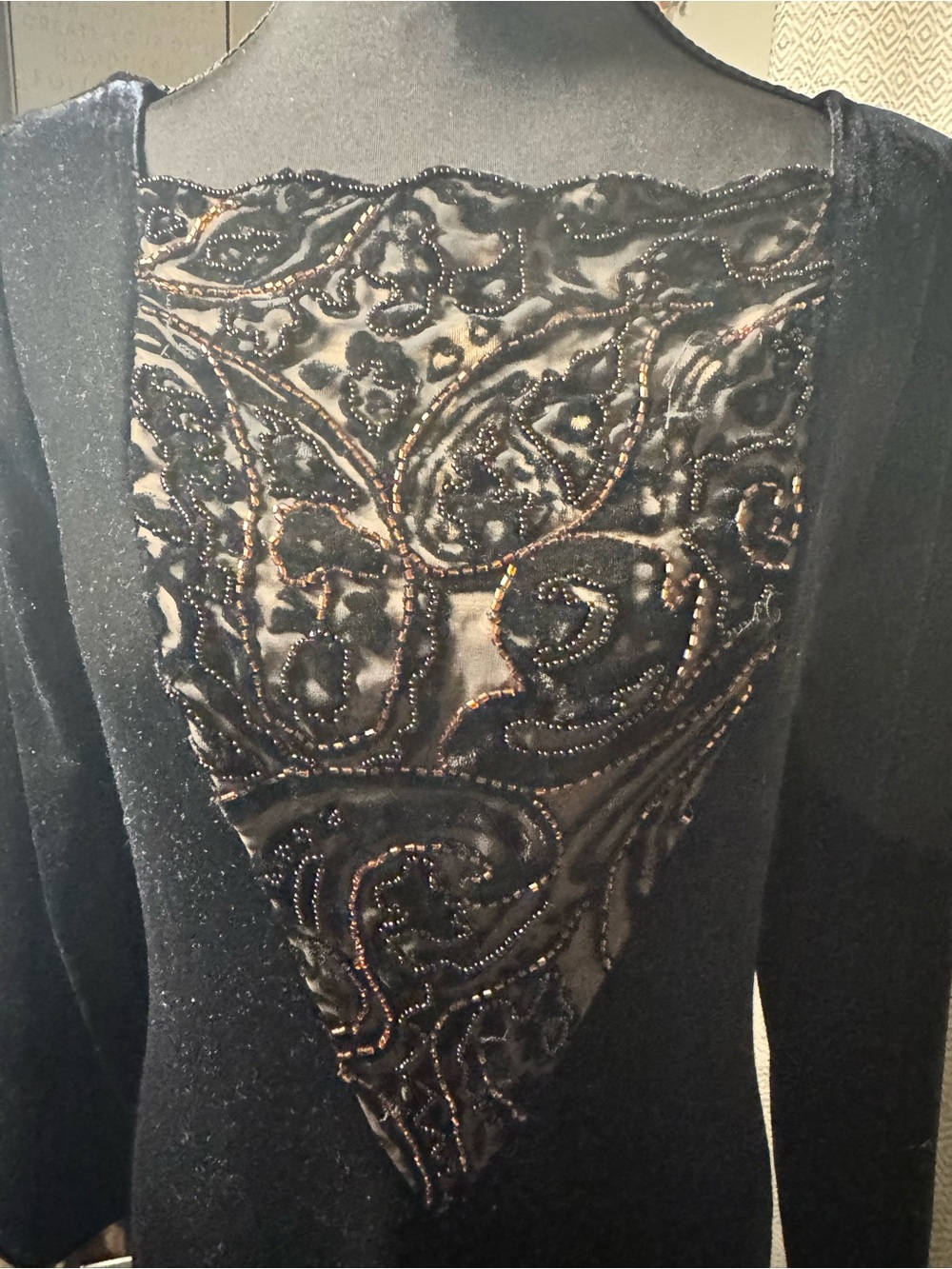 VTG Tom Barra Black Velvet maxi dress size S with Intricate Beaded V-Neck Panel